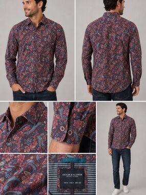 Denim & Flower Navy Striped and Burgundy Paisley Button-Up mens small